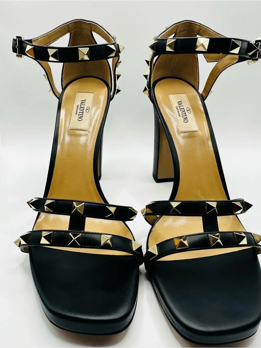 Valentino Black Leather Platform Sandals with Gold Stud Accents